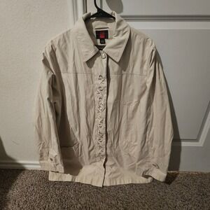 GALLERY Mens Classic Beige Button Up Jacket Size L Embroidered Detail